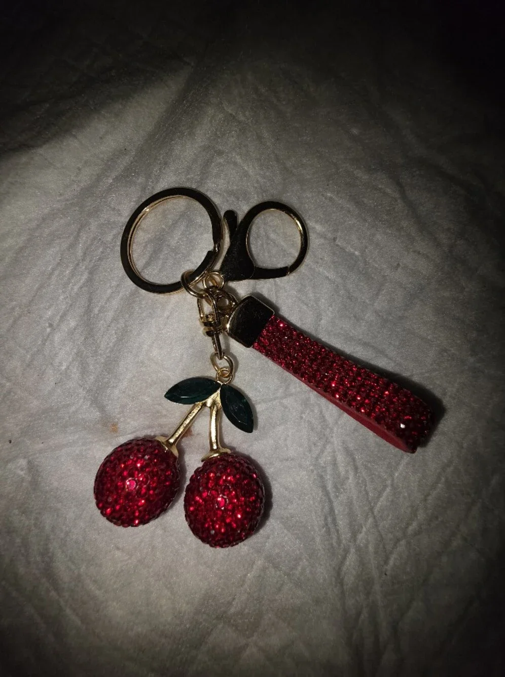 Sparkling Red Cherry Bag Charm Keychain with Gold-tone Hardware